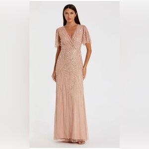 MAC DUGGAL Pink Embellished Flutter Sleeve Gown